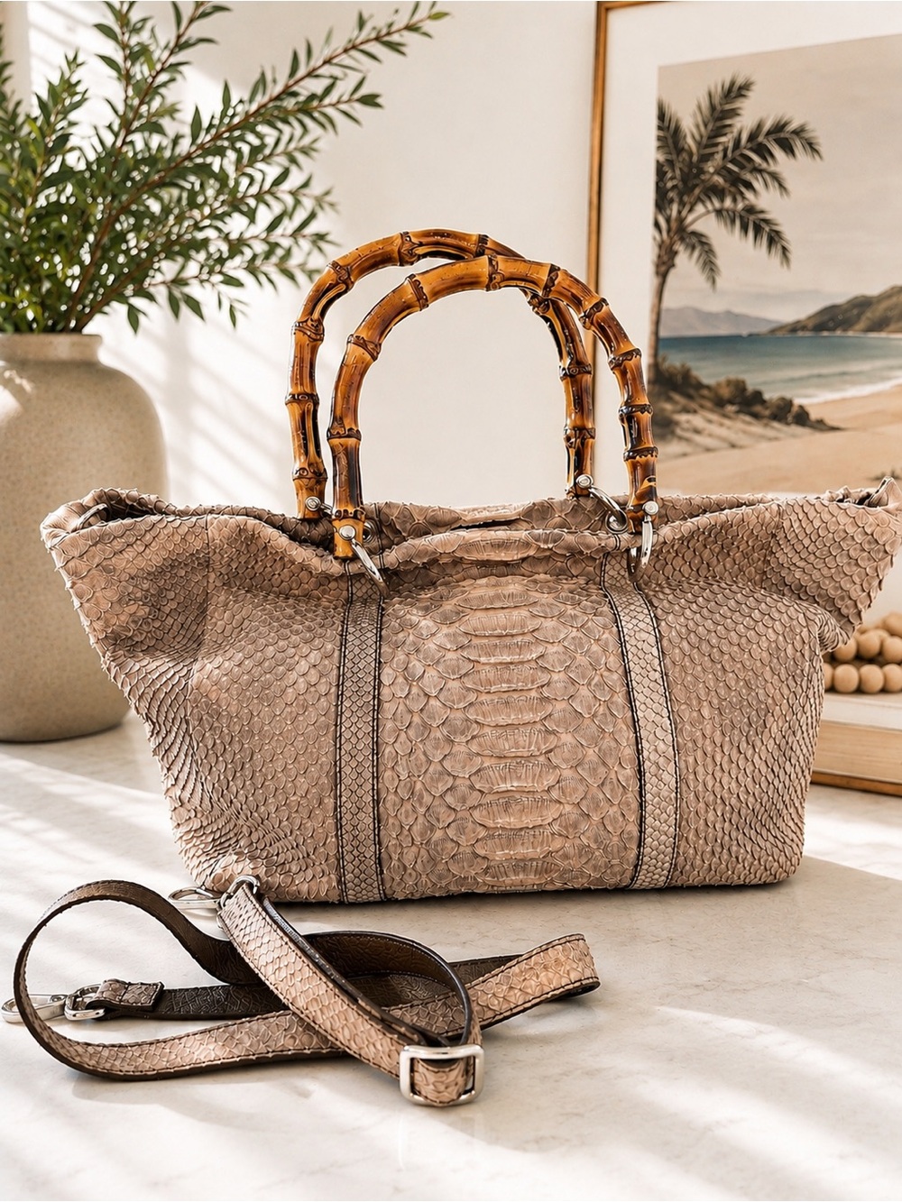 Vero Pitone Genuine Python Snakeskin Handbag – Made in Italy – Bamboo Handles